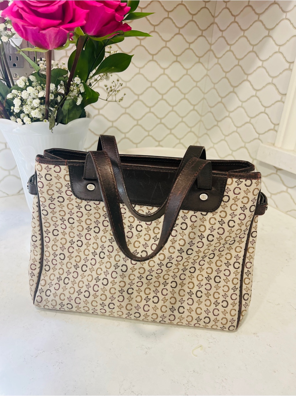 Authentic Vintage Celine Macadam C Canvas Tote Bag Brown Leather Entrupy Coa